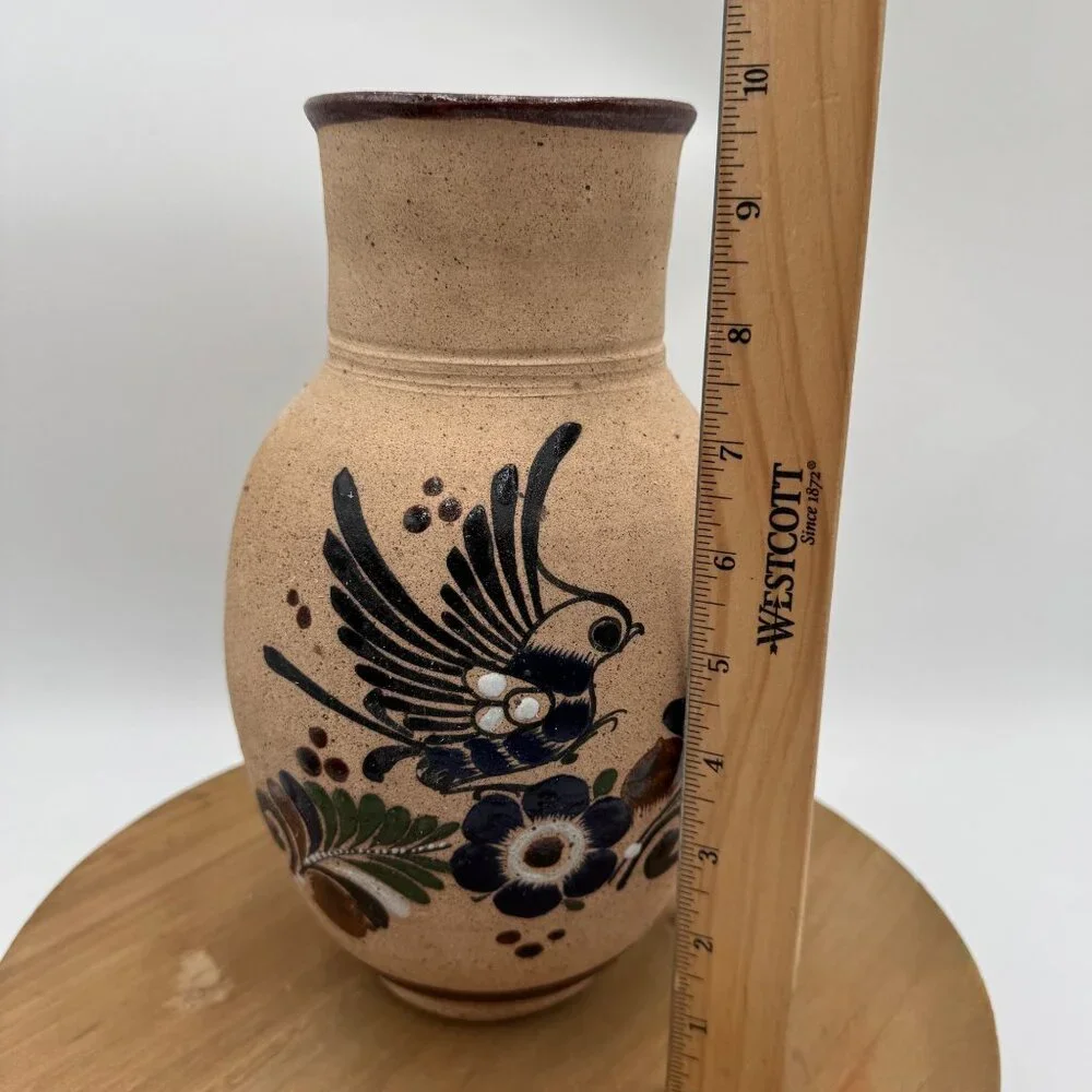 Vintage Tonala Bird Flower Vase Pottery Hand Painted Signed neutral color palett